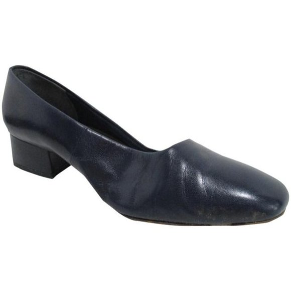 *Nordstrom Navy Blue Vintage Midnight Leather Upper Square Toe Low Pumps - Picture 1 of 9